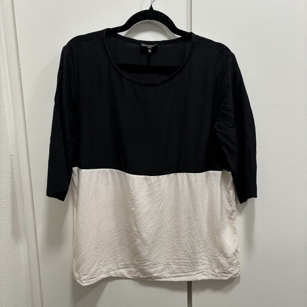 Intermix Sz Large Black Ivory Colorblock 100% Silk Top Elevated Basic